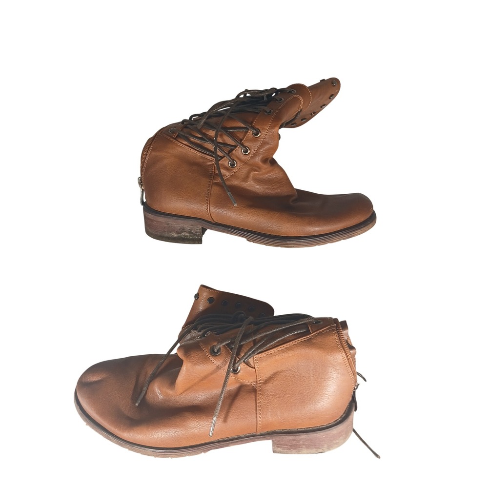Tan Leather Rear Zip Combat Boots‎ Womens 7 Studded Mid Calf Superfeet Insoles